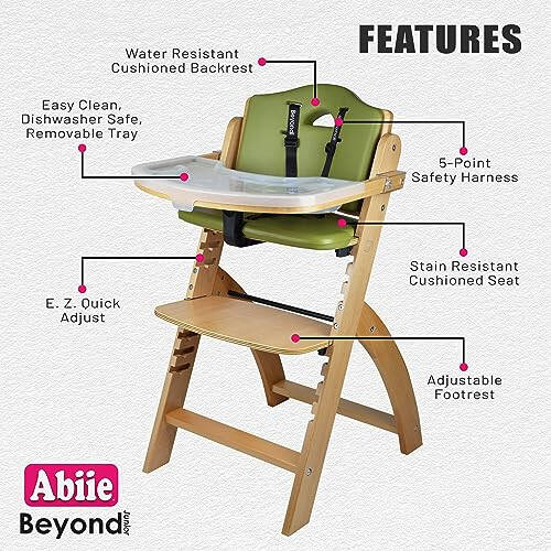 Abiie Beyond Junior Wooden High Chair with Tray - Convertible Baby Highchair - Adjustable High Chair for Babies/Toddlers/6 Months up to 250 Lbs - Stain & Water Resistant Natural Wood/Olive Cushion - 26