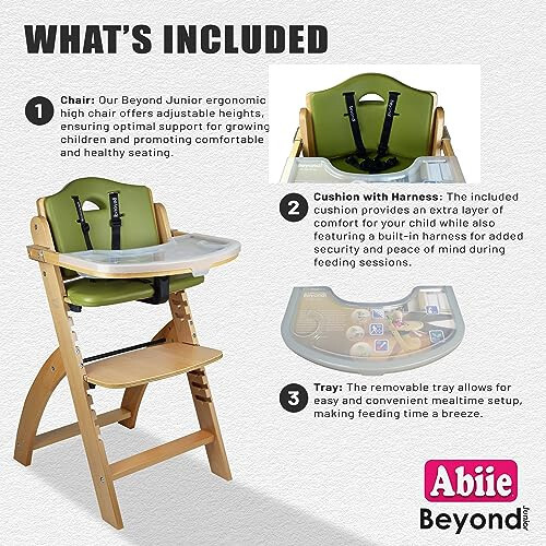 Abiie Beyond Junior Wooden High Chair with Tray - Convertible Baby Highchair - Adjustable High Chair for Babies/Toddlers/6 Months up to 250 Lbs - Stain & Water Resistant Natural Wood/Olive Cushion - 15