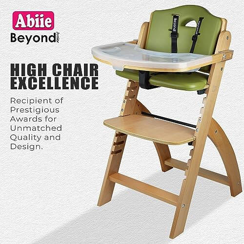 Abiie Beyond Junior Wooden High Chair with Tray - Convertible Baby Highchair - Adjustable High Chair for Babies/Toddlers/6 Months up to 250 Lbs - Stain & Water Resistant Natural Wood/Olive Cushion - 18