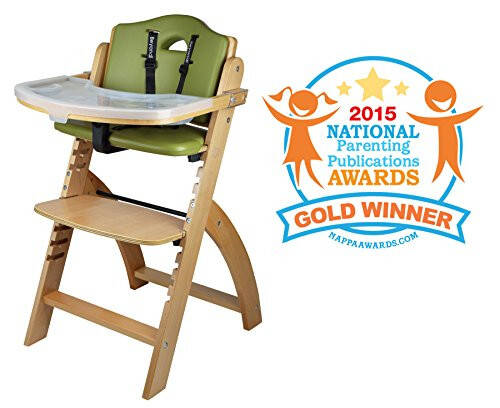 Abiie Beyond Junior Wooden High Chair with Tray - Convertible Baby Highchair - Adjustable High Chair for Babies/Toddlers/6 Months up to 250 Lbs - Stain & Water Resistant Natural Wood/Olive Cushion - 2