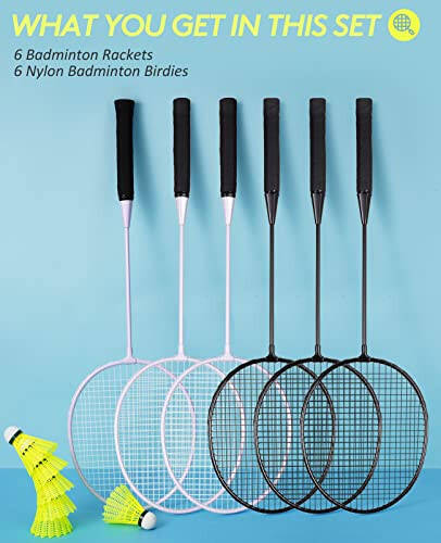 AboveGenius Badminton Rackets Set of 6 for Outdoor Backyard Games, Including 6 Rackets, 6 Nylon Badminton Shuttlecocks, Lightweight Badminton Racquets for Beginners - 2