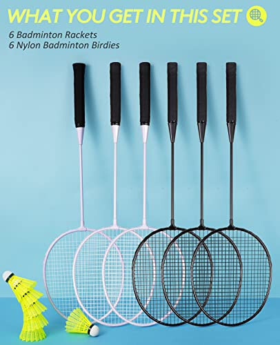 AboveGenius Badminton Raketlari To'plami 6 dona, Tashqi Hoвли O'yinlari Uchun, 6 Raket, 6 Neylon Badminton Vollanlari, Boshlang'ich Uchun Yengil Badminton Raketlari - 2