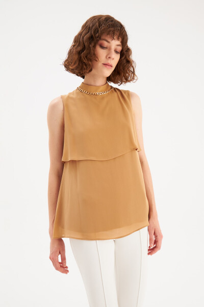 Accessory Detailed Ruffle Blouse - Camel - 1