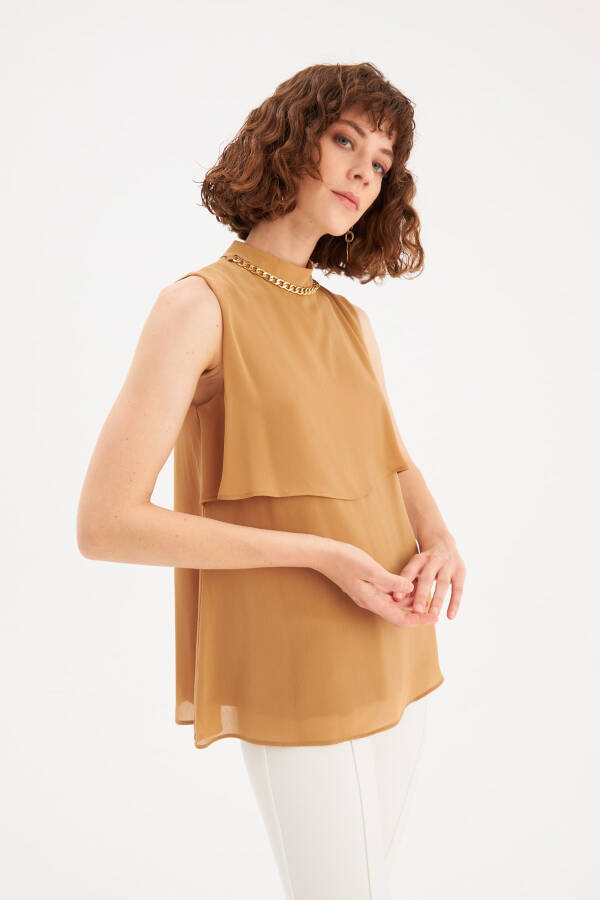 Accessory Detailed Ruffle Blouse - Camel - 3