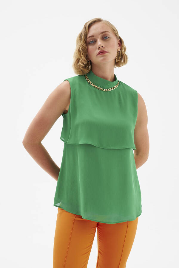 Accessory Detailed Ruffled Blouse - Emerald - 6