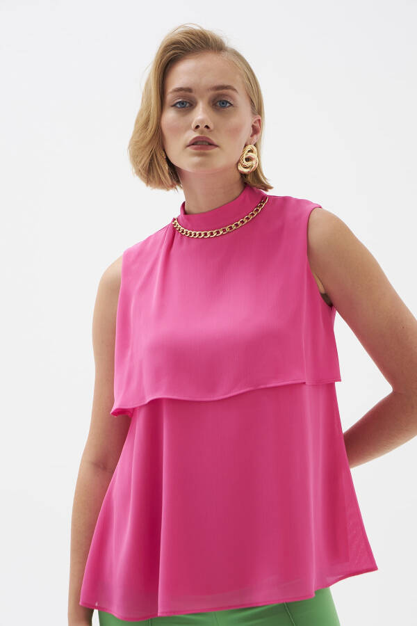 Accessory Detailed Ruffled Blouse - Fuchsia - 4