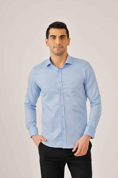 Açık Mavi Erkek Slim Fit Ekose Desenli Yarım Italyan Yaka Uzun Kol Gömlek - 90524 - 1