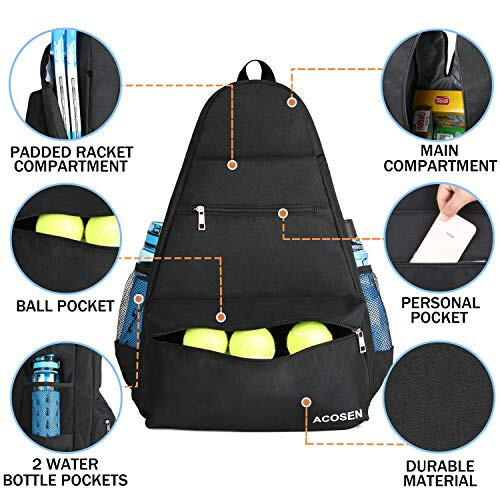 ACOSEN Tennis Bag Tennis Backpack - Ayollar va erkaklar uchun katta tennis sumkalari, tennis raketkasi, piklbol raketkasi, badminton raketkasi, skvoş raketkasi, to'plar va boshqa aksessuarlarni joylashtirish uchun - 4