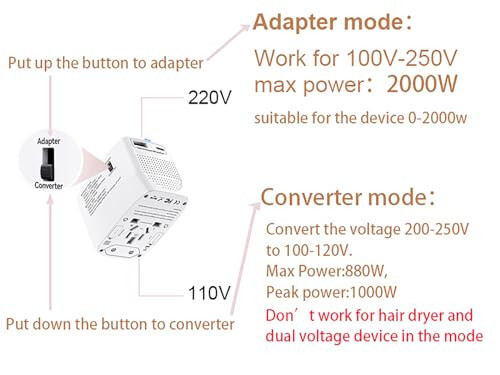 Адаптер для путешествий в Европу - Plavogue 220v-110v Преобразователь питания 880 Вт / 3,4 А с зарядкой через USB & USB-C, 2000 Вт Европейский адаптер вилки для путешествий, Универсальный адаптер для путешествий для более чем 200 стран - 7