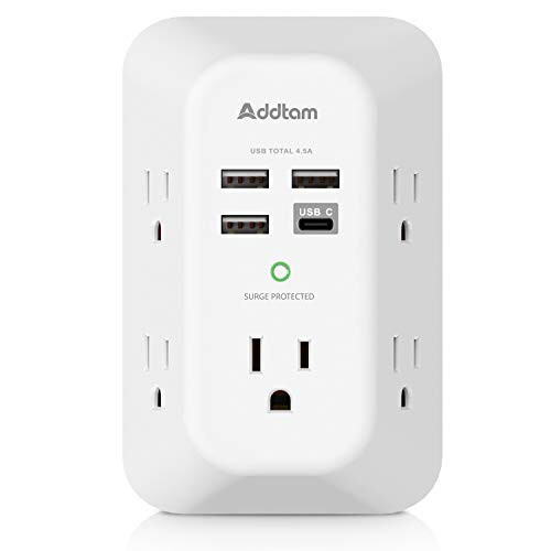 Addtam USB Duvar Şarj Cihazı Akım Koruyucu 5 Çıkışlı Uzatma Kablosu 4 USB Şarj Portu (1 USB C Çıkışı) 3 Yönlü 1800J Güç Şeridi Çoklu Priz Duvar Adaptörü Ev Seyahat Ofis İçin Aralıklı ETL Onaylı - 1