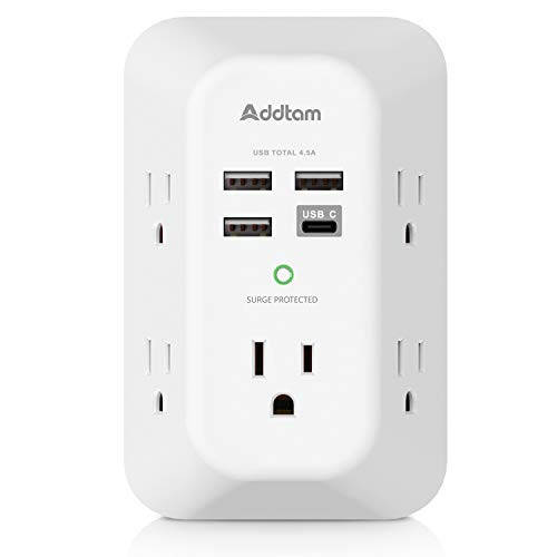 Addtam USB Duvar Şarj Cihazı Akım Koruyucu 5 Çıkışlı Uzatma Kablosu 4 USB Şarj Portu (1 USB C Çıkışı) 3 Yönlü 1800J Güç Şeridi Çoklu Priz Duvar Adaptörü Ev Seyahat Ofis İçin Aralıklı ETL Onaylı - 1