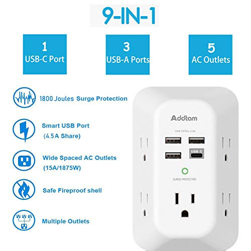 Addtam USB Duvar Şarj Cihazı Akım Koruyucu 5 Çıkışlı Uzatma Kablosu 4 USB Şarj Portu (1 USB C Çıkışı) 3 Yönlü 1800J Güç Şeridi Çoklu Priz Duvar Adaptörü Ev Seyahat Ofis İçin Aralıklı ETL Onaylı - 2