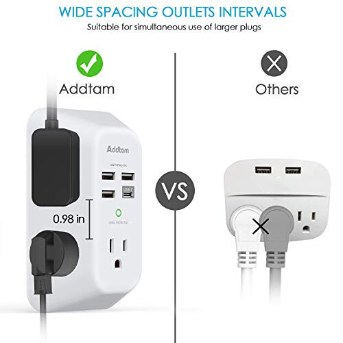 Addtam USB Wall Charger Surge Protector 5 Outlet Extender with 4 USB Charging Ports (1 USB C Outlet) 3 Sided 1800J Power Strip Multi Plug Outlets Wall Adapter Spaced for Home Travel Office ETL Listed - 3