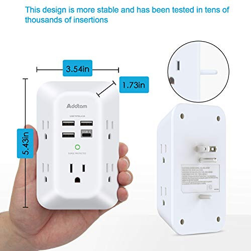 Addtam USB Wall Charger Surge Protector 5 Outlet Extender with 4 USB Charging Ports (1 USB C Outlet) 3 Sided 1800J Power Strip Multi Plug Outlets Wall Adapter Spaced for Home Travel Office ETL Listed - 6