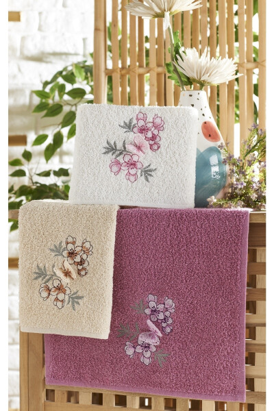 Adelina Butterfly Fluffy Embroidered Dowry Cotton 3 Pieces 30 X 50 Hand Face Kitchen Towel Dowry Set - 5