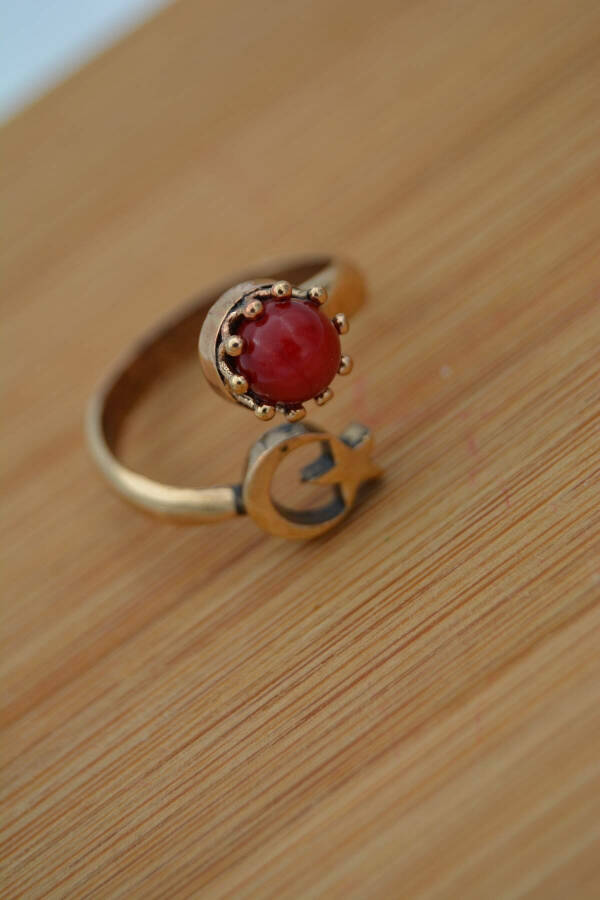 Adjustable Moon and Star Coral Stone Turkish Ring - 1