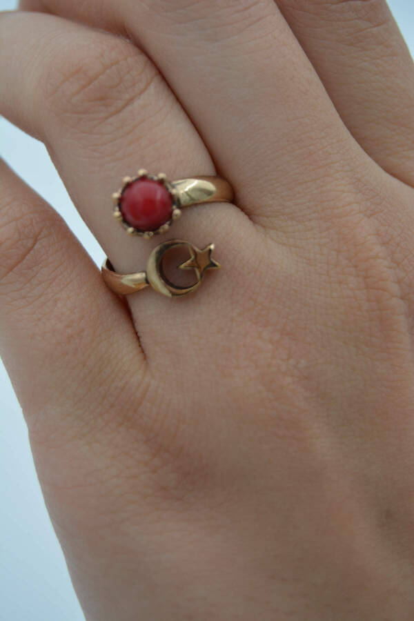 Adjustable Moon and Star Coral Stone Turkish Ring - 2