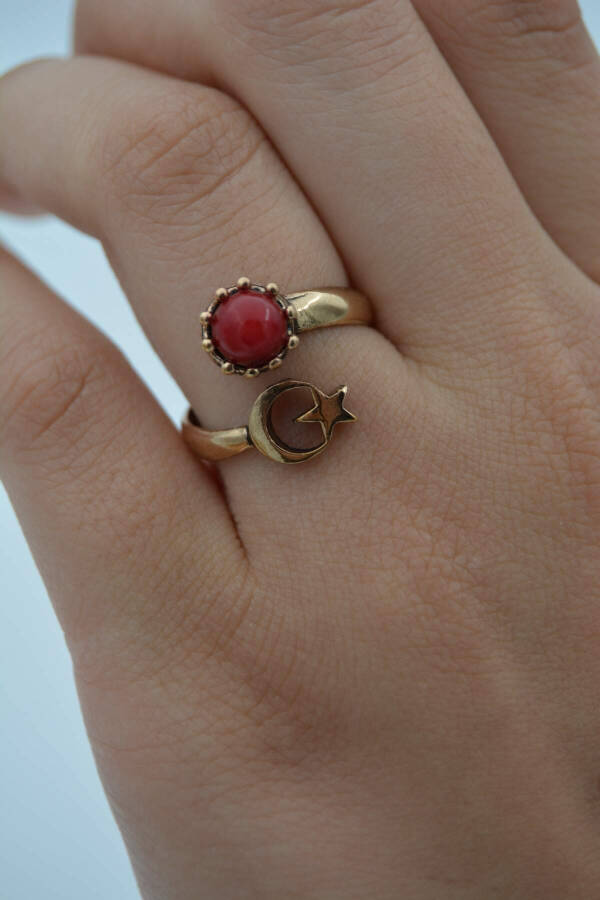 Adjustable Moon and Star Coral Stone Turkish Ring - 3