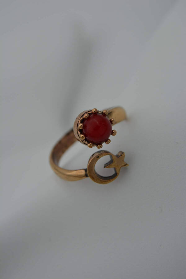 Adjustable Moon and Star Coral Stone Turkish Ring - 4