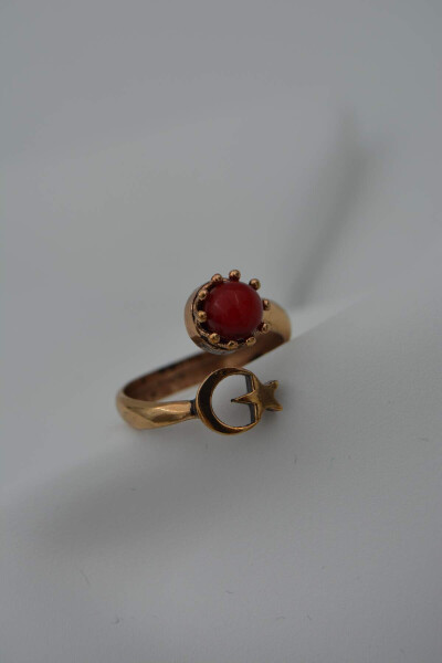 Adjustable Moon and Star Coral Stone Turkish Ring - 5