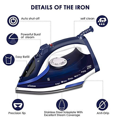 AEMEGO Steam Iron for Clothes Lightweight Portable Iron with Non Stick Ceramic Soleplate Anti Drip Vertical Irons for Ironing Clothes Self-Clean Auto-Off Function Small Size for Home Travel… - 2