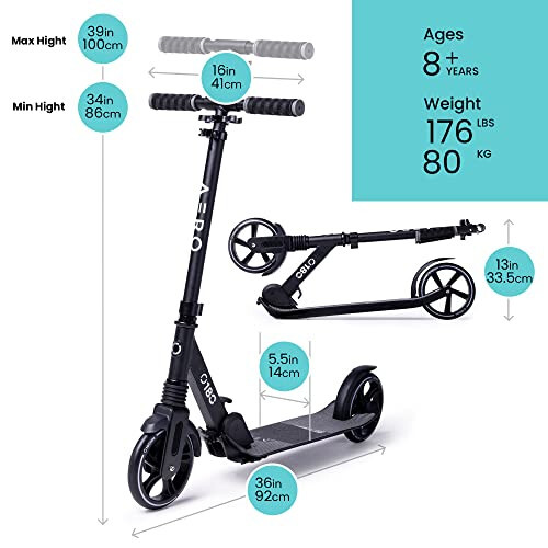 Aero Big Wheels Kick Scooter for Kids Ages 8-12, Teens and Adults. Commuter Adult Scooters with Hand Brake, Rubber mat, Shock Absorption, Foldable and Height Adjustable - 2