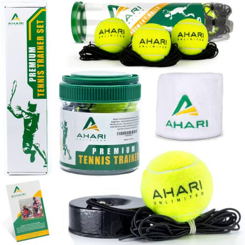 Ahari Unlimited Premium Tennis Trainer Set, Pro Tennis Rebounder with Metal Base in a Carrying Cylinder, 3 Replacement Rebound Balls, & Wristband, Portable Tennis Practice Equipment for Solo Training - 1