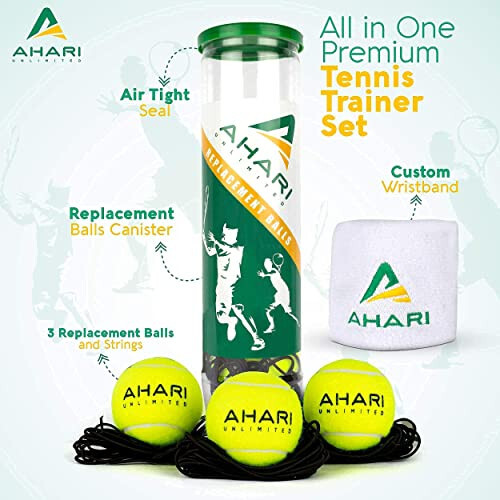 Ahari Unlimited Premium Tennis Trainer Set, Pro Tennis Rebounder with Metal Base in a Carrying Cylinder, 3 Replacement Rebound Balls, & Wristband, Portable Tennis Practice Equipment for Solo Training - 2