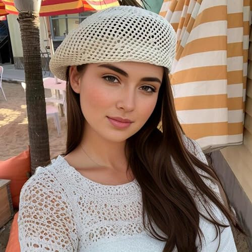 AICHUAN Women Summer French Beret Slouchy Crochet Beret Hats Artist Painters Woven Beach Beanie Hat - 4