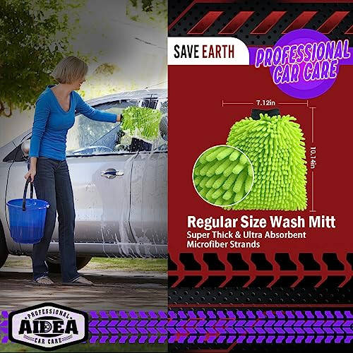 AIDEA Car Wash Mitt Microfiber, 2PK-Scratch & Lint-Free, Premium Chenille Microfiber Wash Mitt-Green Regular Size (7.12''X10.14'') - 2