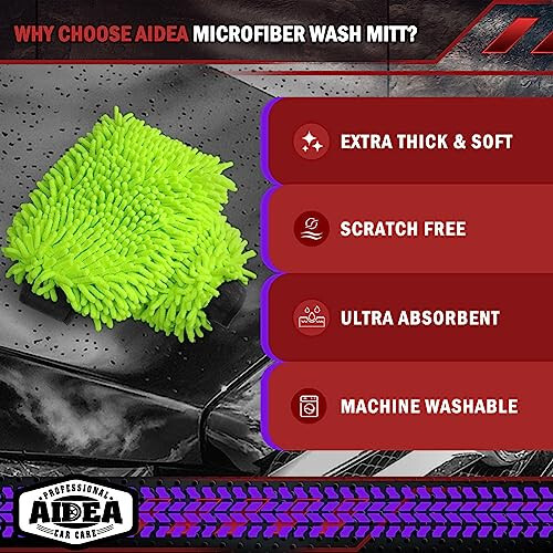 AIDEA Car Wash Mitt Microfiber, 2PK-Scratch & Lint-Free, Premium Chenille Microfiber Wash Mitt-Green Regular Size (7.12''X10.14'') - 3