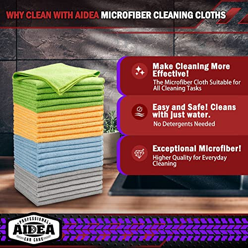 AIDEA Microfiber Cleaning Cloth for Car-24 Pack, 12in.x16in Car Microfiber Towels, Soft & Absorbent Cleaning Cloth, Premium Wash Cloth for House, Kitchen, Car, Shop Towels - 2