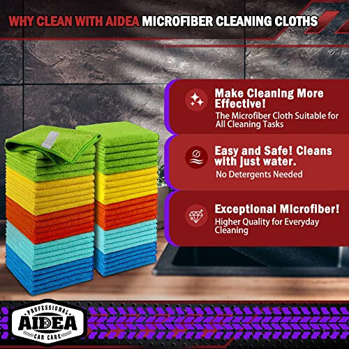 AIDEA Microfiber Cleaning Cloths-50PK, Microfiber Towels for Cars, Premium All-Purpose Car Cloth, Dusting Cloth Cleaning Rags, Absorbent Microfiber Cloth for SUVs, House, Kitchen, Window-12×12 - 3