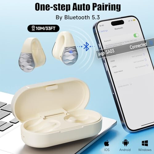 Aigo Wireless Earphones Bluetooth Earbuds, Open Ear Clip Headphones for iPhone/Android/Computer, Sport Ear Buds Built-in Mic, Noise Canceling, Waterproof, Wireless Charging, Off White Headset - 2