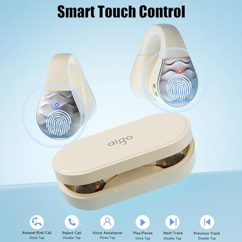 Aigo Wireless Earphones Bluetooth Earbuds, Open Ear Clip Headphones for iPhone/Android/Computer, Sport Ear Buds Built-in Mic, Noise Canceling, Waterproof, Wireless Charging, Off White Headset - 4