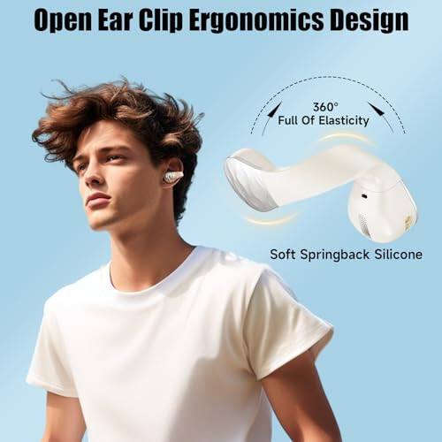 Aigo Wireless Earphones Bluetooth Earbuds, Open Ear Clip Headphones for iPhone/Android/Computer, Sport Ear Buds Built-in Mic, Noise Canceling, Waterproof, Wireless Charging, Off White Headset - 5