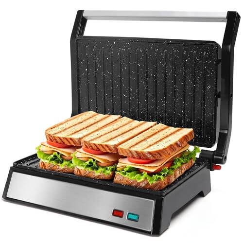 Aigostar Panini Pres, 1200W Sandviç Makinesi ve Seramik Yapışmaz Kaplamalı Elektrikli İç Mekan Izgarası, Herhangi Bir Boyut Yemeğe Uyum Sağlamak için 180° Açılır, Paslanmaz Çelik Yüzey ve Çıkarılabilir Damlama Tepsisi, Gümüş - 1