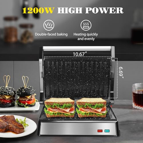 Aigostar Panini Pres, 1200W Sandviç Makinesi ve Seramik Yapışmaz Kaplamalı Elektrikli İç Mekan Izgarası, Herhangi Bir Boyut Yemeğe Uyum Sağlamak için 180° Açılır, Paslanmaz Çelik Yüzey ve Çıkarılabilir Damlama Tepsisi, Gümüş - 3