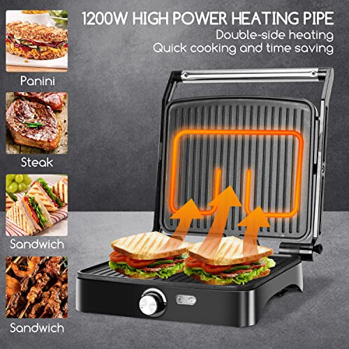 Aigostar Panini Press Grill, 4 Slice 1200W Sandwich Maker with Non-Stick Plates, Temperature Control, Opens 180 Degrees Indoor Grill, Removable Drip Tray, Indicator Lights, cool touch handle. - 2