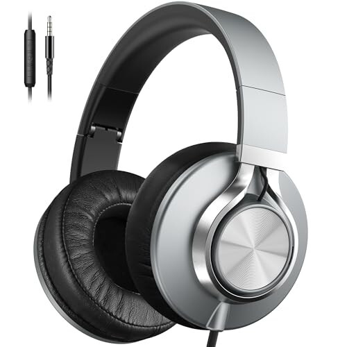 AILIHEN Headphones Wired with Microphone & Volume Control, Over-ear Foldable Noise Isolation Headsets 3.5mm for Teens Adult (Grey) - 1