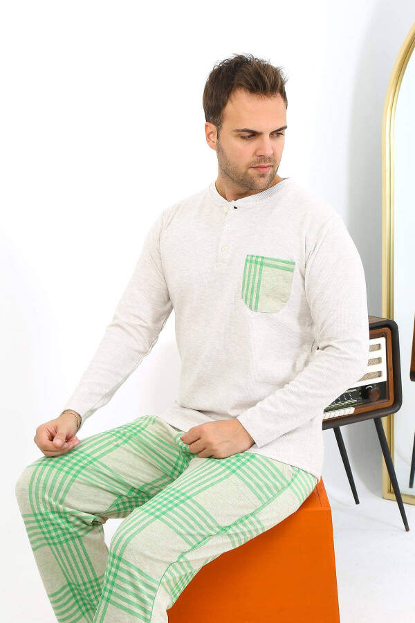 Akbeniz Men's Long Sleeve Cotton Cream Pajama Set - 7