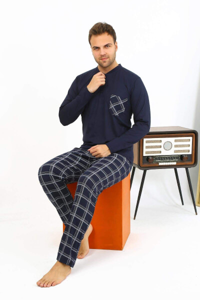 Akbeniz Men's Long Sleeve Cotton Navy Blue Pajama Set - 3