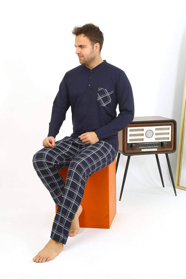 Akbeniz Men's Long Sleeve Cotton Navy Blue Pajama Set - 5