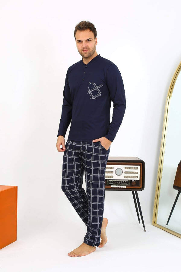 Akbeniz Men's Long Sleeve Cotton Navy Blue Pajama Set - 6