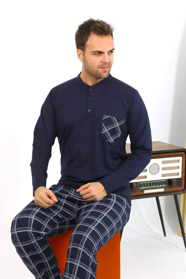 Akbeniz Men's Long Sleeve Cotton Navy Blue Pajama Set - 7