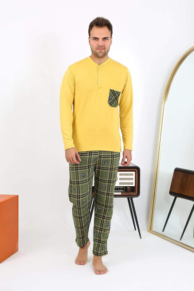 Akbeniz Men's Long Sleeve Cotton Yellow Pajama Set - 3