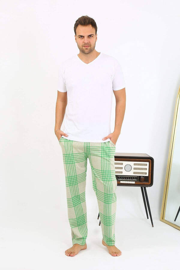 Akbeniz Men's Plaid Cotton Pajama Bottoms 27540 Green - 2