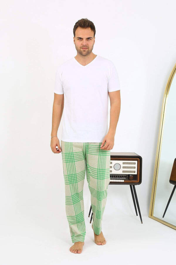 Akbeniz Men's Plaid Cotton Pajama Bottoms 27540 Green - 3