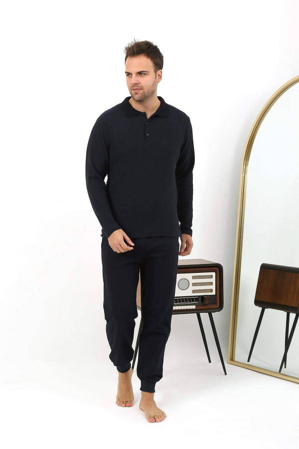 Akbeniz Men's Polo Collar Long Sleeve Cotton Pajama Set 6862 Navy - 2