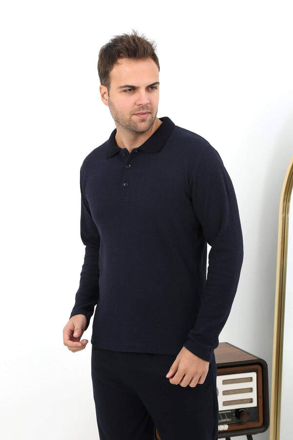 Akbeniz Men's Polo Collar Long Sleeve Cotton Pajama Set 6862 Navy - 3